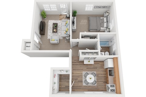 Floor plan for 1 bed, 1 bath, 652 sqft